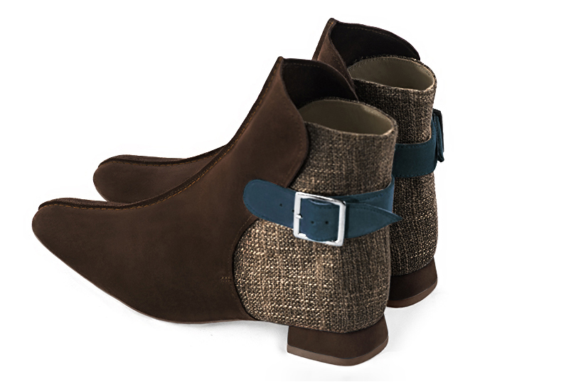 Dark brown and peacock blue women's ankle boots with buckles at the back. Square toe. Flat flare heels. Rear view - Florence KOOIJMAN